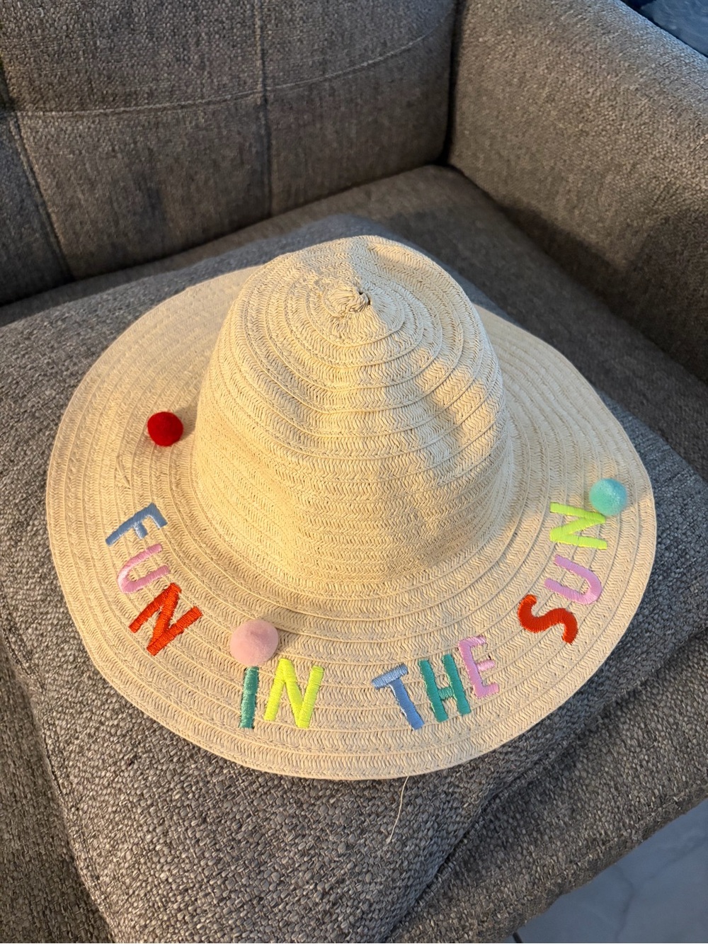 Wide Brim Straw Sun Hat - "Fun In The Sun" Colorful Embroidery